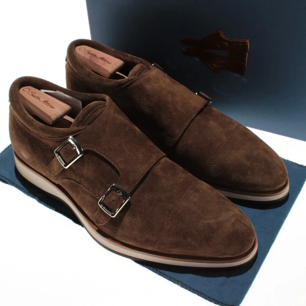 Di Bianco NWD Double Monk Strap Dress Shoes Size 9 US in Brown Suede